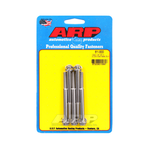 ARP Bolts, 12-Point Head, Stainless 300, Polished, 1/4 in.-20 RH Thread, 3.000 in. UHL, Set of 5