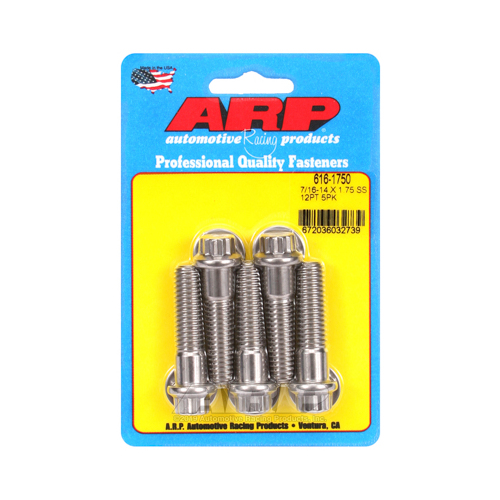 ARP Bolts, 12-Point Head, Stainless Steel, Polished, 7/16 in.-14 RH Thread, 1.750 in. UHL, Set of 5
