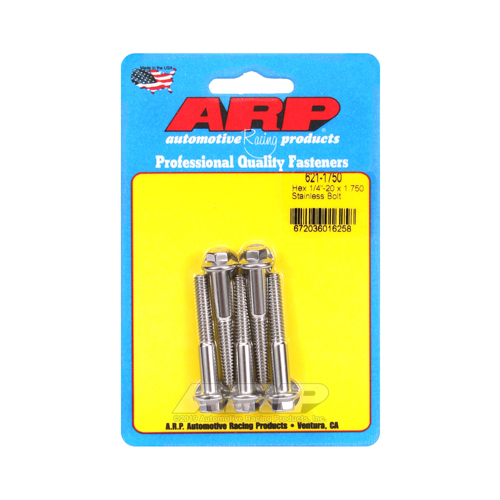 ARP Bolts, Hex Head, Stainless 300, Polished, 1/4 in.-20 RH Thread, 1.750 in. UHL, Set of 5