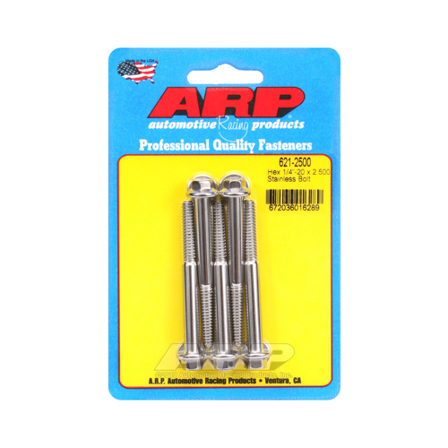 ARP Bolts, Hex Head, Stainless 300, Polished, 1/4 in.-20 RH Thread, 2.500 in. UHL, Set of 5
