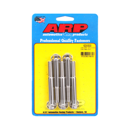 ARP Bolts, Hex Head, Stainless 300, Polished, 3/8 in.-16 RH Thread, 3.000 in. UHL, Set of 5