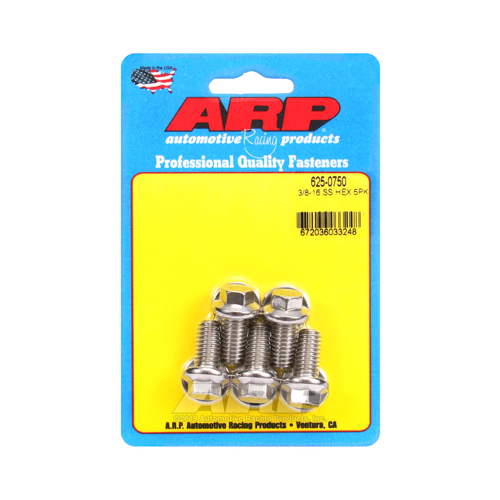 ARP Bolts, Hex Head, Stainless Steel, Polished, 3/8 in.-16 RH Thread, .750 in. UHL, Set of 5