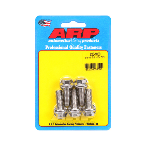 ARP Bolts, Hex Head, Stainless Steel, Polished, 3/8 in.-16 RH Thread, 1.000 in. UHL, Set of 5