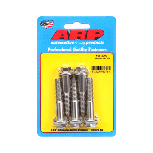 ARP Bolts, Hex Head, Stainless Steel, Polished, 3/8 in.-16 RH Thread, 2.000 in. UHL, Set of 5