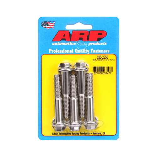 ARP Bolts, Hex Head, Stainless Steel, Polished, 3/8 in.-16 RH Thread, 2.250 in. UHL, Set of 5
