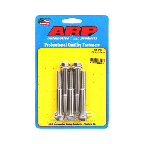 ARP Bolts, Hex Head, Stainless Steel, Polished, 3/8 in.-16 RH Thread, 2.750 in. UHL, Set of 5