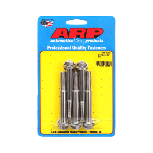 ARP Bolts, Hex Head, Stainless Steel, Polished, 3/8 in.-16 RH Thread, 3.000 in. UHL, Set of 5