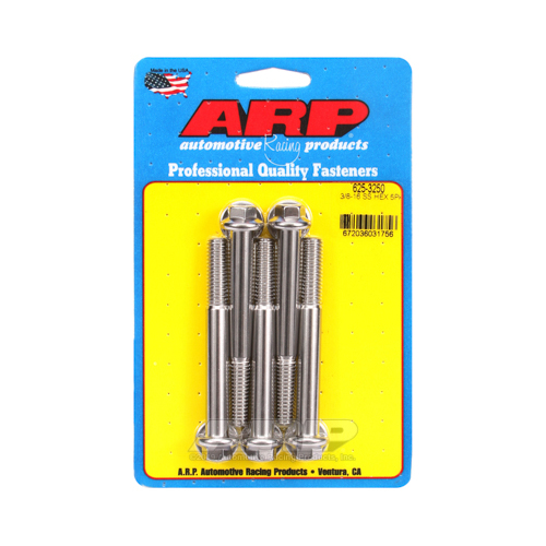 ARP Bolts, Hex Head, Stainless Steel, Polished, 3/8 in.-16 RH Thread, 3.250 in. UHL, Set of 5