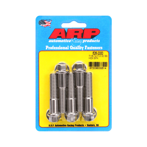 ARP Bolts, Hex Head, Stainless Steel, Polished, 7/16 in.-14 RH Thread, 2.000 in. UHL, Set of 5