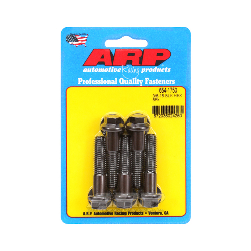 ARP Bolts, Hex Head, Chromoly Steel, Black Oxide, 3/8 in.-16 RH Thread, 1.750 in. UHL, Set of 5