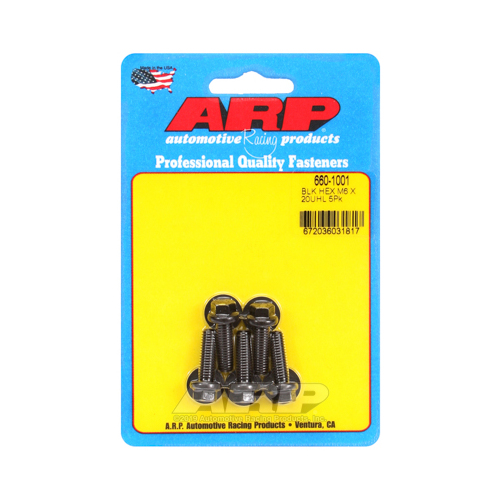 ARP Bolts, Hex Head, Chromoly Steel, Black Oxide, 6mm x 1.0 RH Thread, 20mm UHL, Set of 5