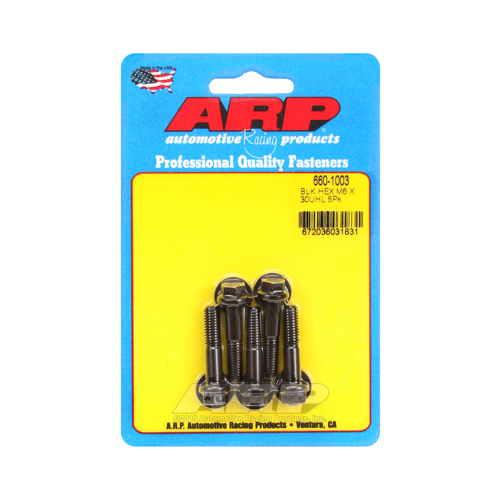 ARP Bolts, Hex Head, Chromoly Steel, Black Oxide, 6mm x 1.0 RH Thread, 30mm UHL, Set of 5