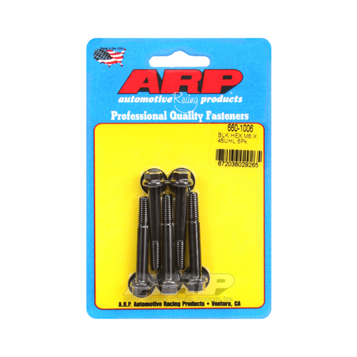 ARP Bolts, Hex Head, Chromoly Steel, Black Oxide, 6mm x 1.0 RH Thread, 45mm UHL, Set of 5