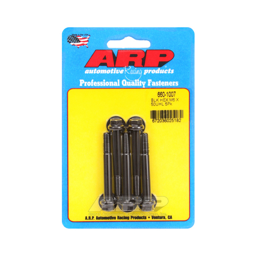 ARP Bolts, Hex Head, Chromoly Steel, Black Oxide, 6mm x 1.0 RH Thread, 50mm UHL, Set of 5