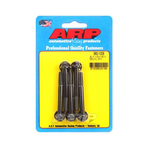 ARP Bolts, Hex Head, Chromoly Steel, Black Oxide, 6mm x 1.0 RH Thread, 55mm UHL, Set of 5