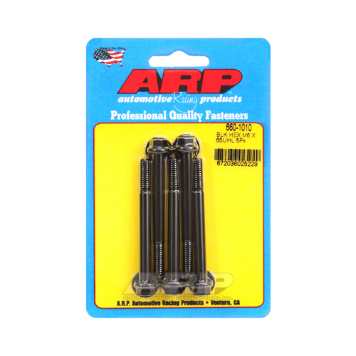 ARP Bolts, Hex Head, Chromoly Steel, Black Oxide, 6mm x 1.0 RH Thread, 65mm UHL, Set of 5