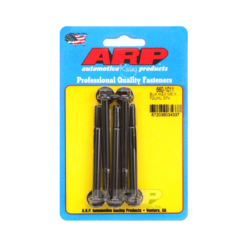 ARP Bolts, Hex Head, Chromoly Steel, Black Oxide, 6mm x 1.0 RH Thread, 70mm UHL, Set of 5