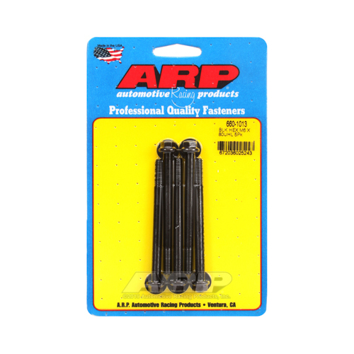 ARP Bolts, Hex Head, Chromoly Steel, Black Oxide, 6mm x 1.0 RH Thread, 80mm UHL, Set of 5