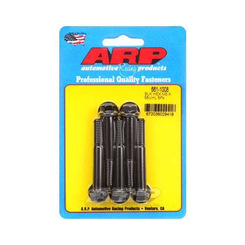 ARP Bolts, Hex Head, Chromoly Steel, Black Oxide, 8mm x 1.25 RH Thread, 55mm UHL, Set of 5