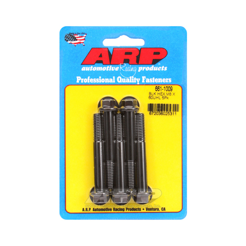 ARP Bolts, Hex Head, Chromoly Steel, Black Oxide, 8mm x 1.25 RH Thread, 60mm UHL, Set of 5