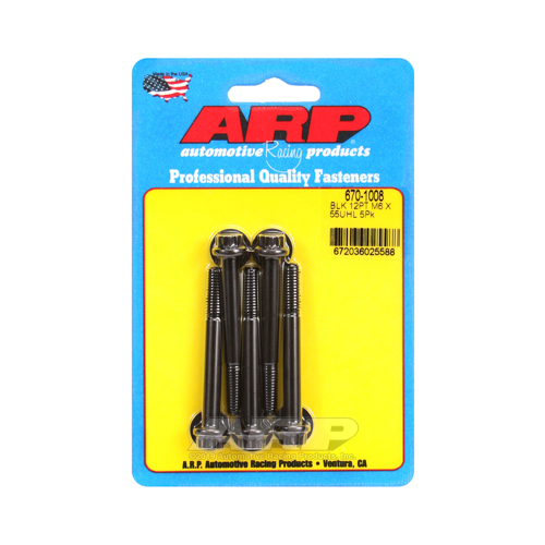 ARP Bolts, 12-Point Head, Chromoly Steel, Black Oxide, 6mm x 1.00 RH Thread, 55mm UHL, Set of 5