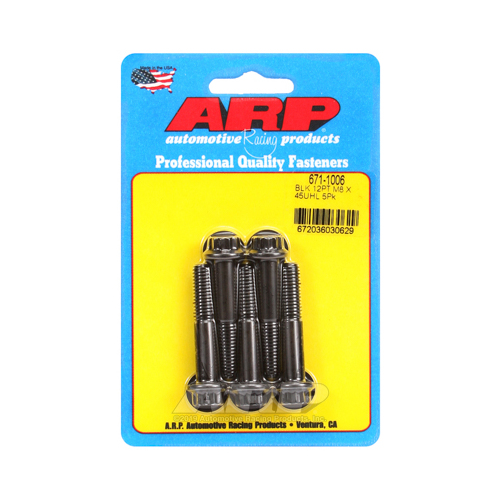 ARP Bolts, 12-Point Head, Chromoly Steel, Black Oxide, 8mm x 1.25 RH Thread, 45mm UHL, Set of 5