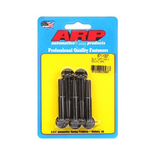 ARP Bolts, 12-Point Head, Chromoly Steel, Black Oxide, 8mm x 1.25 RH Thread, 50mm UHL, Set of 5