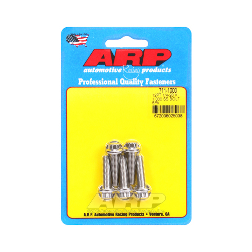 ARP Bolts, 12-Point Head, Stainless 300, Polished, 1/4 in.-28 RH Thread, 1 in. UHL, Set of 5