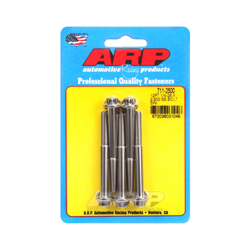 ARP Bolts, 12-Point Head, Stainless 300, Polished, 1/4 in.-28 RH Thread, 2.50 in. UHL, Set of 5