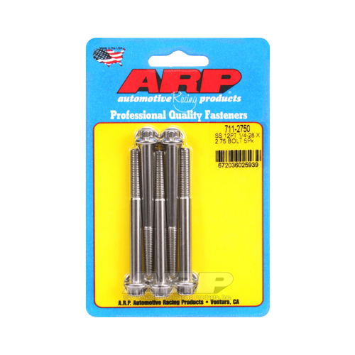 ARP Bolts, 12-Point Head, Stainless 300, Polished, 1/4 in.-28 RH Thread, 2.750 in. UHL, Set of 5