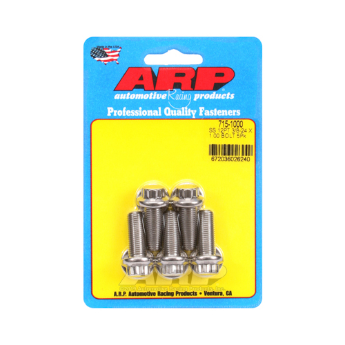 ARP Bolts, 12-Point Head, Stainless 300, Polished, 3/8 in.-24 RH Thread, 1.00 in. UHL, Set of 5