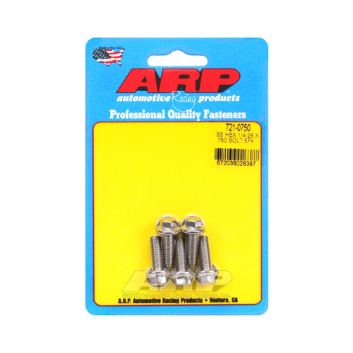 ARP Bolts, Hex Head, Stainless 300, Polished, 1/4 in.-28 RH Thread, 0.750 in. UHL, Set of 5