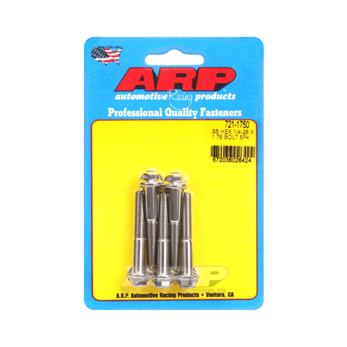 ARP Bolts, Hex Head, Stainless 300, Polished, 1/4 in.-28 RH Thread, 1.750 in. UHL, Set of 5