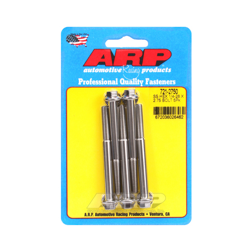 ARP Bolts, Hex Head, Stainless 300, Polished, 1/4 in.-28 RH Thread, 2.750 in. UHL, Set of 5