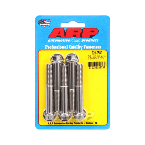 ARP Bolts, Hex Head, Stainless 300, Polished, 3/8 in.-24 RH Thread, 2.500 in. UHL, Set of 5