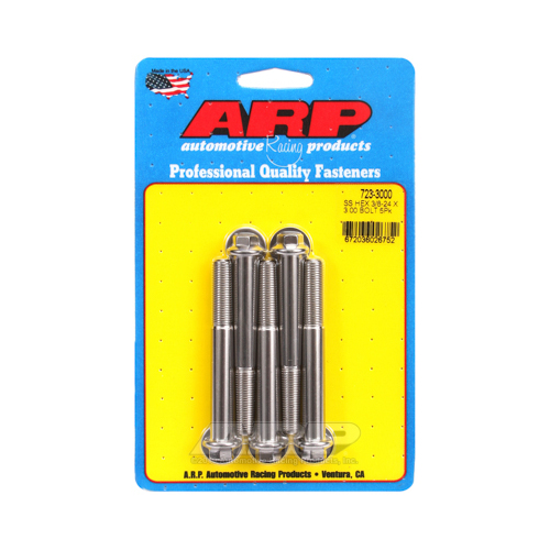 ARP Bolts, Hex Head, Stainless 300, Polished, 3/8 in.-24 RH Thread, 3.000 in. UHL, Set of 5