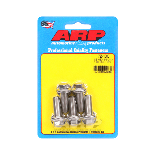 ARP Bolts, Hex Head, Stainless 300, Polished, 3/8 in.-24 RH Thread, 1.000 in. UHL, Set of 5