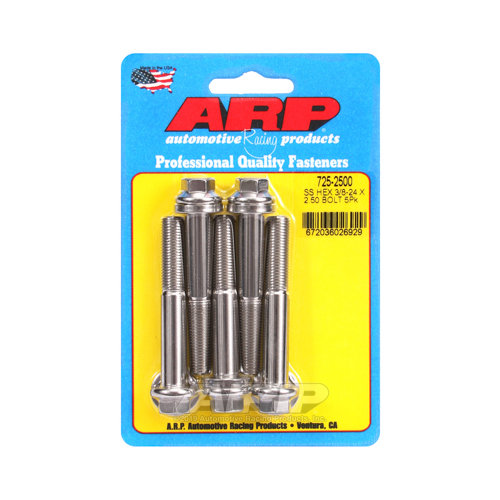 ARP Bolts, Hex Head, Stainless 300, Polished, 3/8 in.-24 RH Thread, 2.500 in. UHL, Set of 5