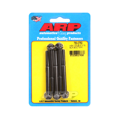 ARP Bolts, Hex Head, Chromoly Steel, Black Oxide, 1/4 in.-28 RH Thread, 2.750 in. UHL, Set of 5