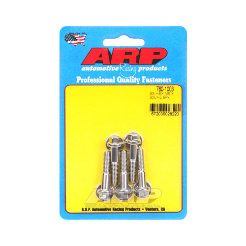 ARP Bolts, Hex Head, Stainless 300, Polished, 6mm x 1.00 RH Thread, 30mm UHL, Set of 5
