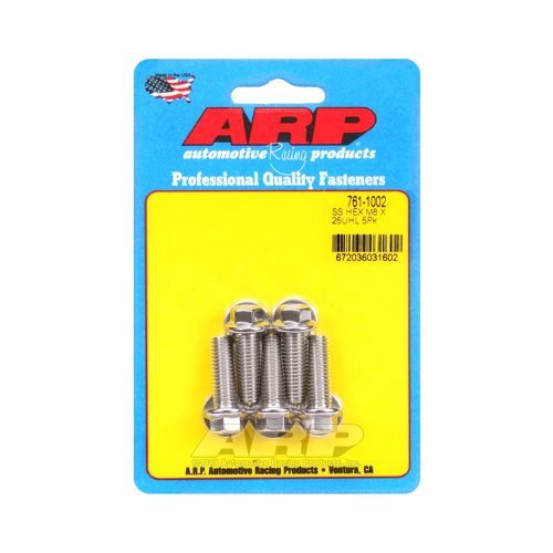 ARP Bolts, Hex Head, Stainless 300, Polished, 8mm x 1.25 RH Thread, 25mm UHL, Set of 5