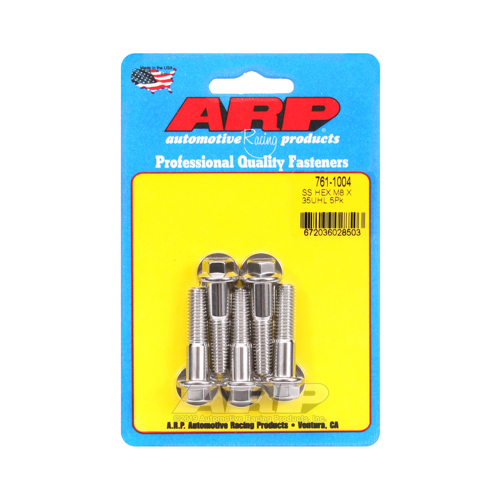 ARP Bolts, Hex Head, Stainless 300, Polished, 8mm x 1.25 RH Thread, 35mm UHL, Set of 5