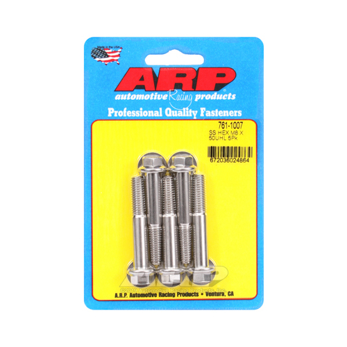 ARP Bolts, Hex Head, Stainless 300, Polished, 8mm x 1.25 RH Thread, 50mm UHL, Set of 5