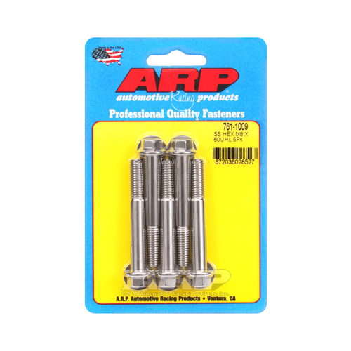 ARP Bolts, Hex Head, Stainless 300, Polished, 8mm x 1.25 RH Thread, 60mm UHL, Set of 5