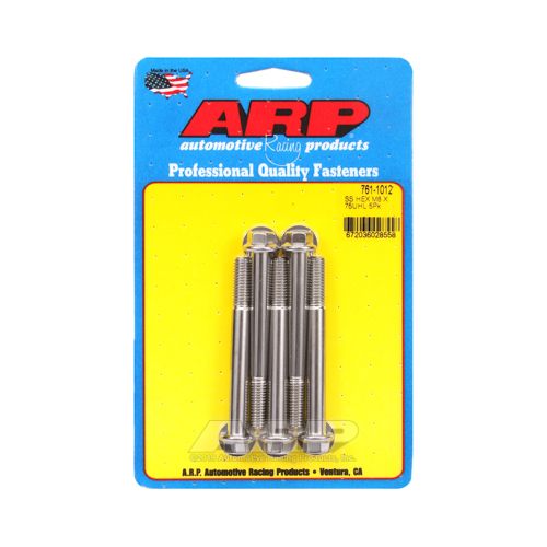 ARP Bolts, Hex Head, Stainless 300, Polished, 8mm x 1.25 RH Thread, 75mm UHL, Set of 5