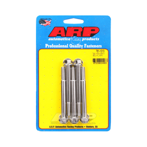 ARP Bolts, Hex Head, Stainless 300, Polished, 8mm x 1.25 RH Thread, 80mm UHL, Set of 5