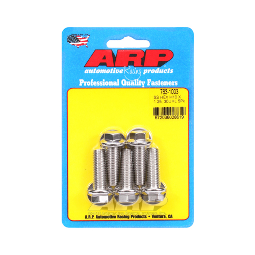 ARP Bolts, Hex Head, Stainless 300, Polished, 10mm x 1.25 RH Thread, 30mm UHL, Set of 5