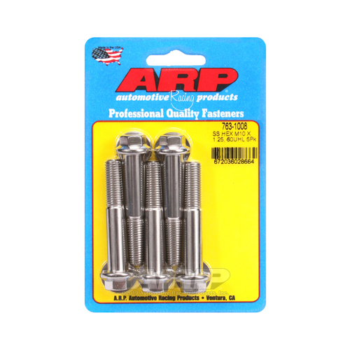 ARP Bolts, Hex Head, Stainless 300, Polished, 10mm x 1.25 RH Thread, 60mm UHL, Set of 5