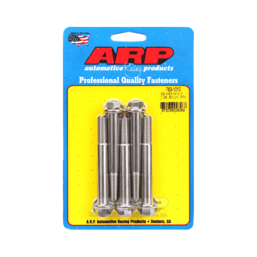 ARP Bolts, Hex Head, Stainless 300, Polished, 10mm x 1.25 RH Thread, 80mm UHL, Set of 5