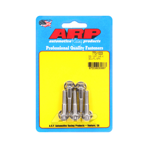 ARP Bolts, 12-Point Head, Stainless 300, Polished, 6mm x 1.00 RH Thread, 30mm UHL, Set of 5